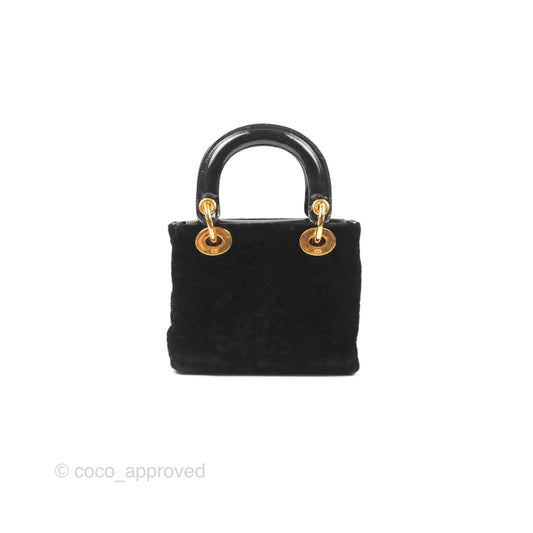 Dior Mini Lady Dior Cannage Black Suede Patent Gold Hardware