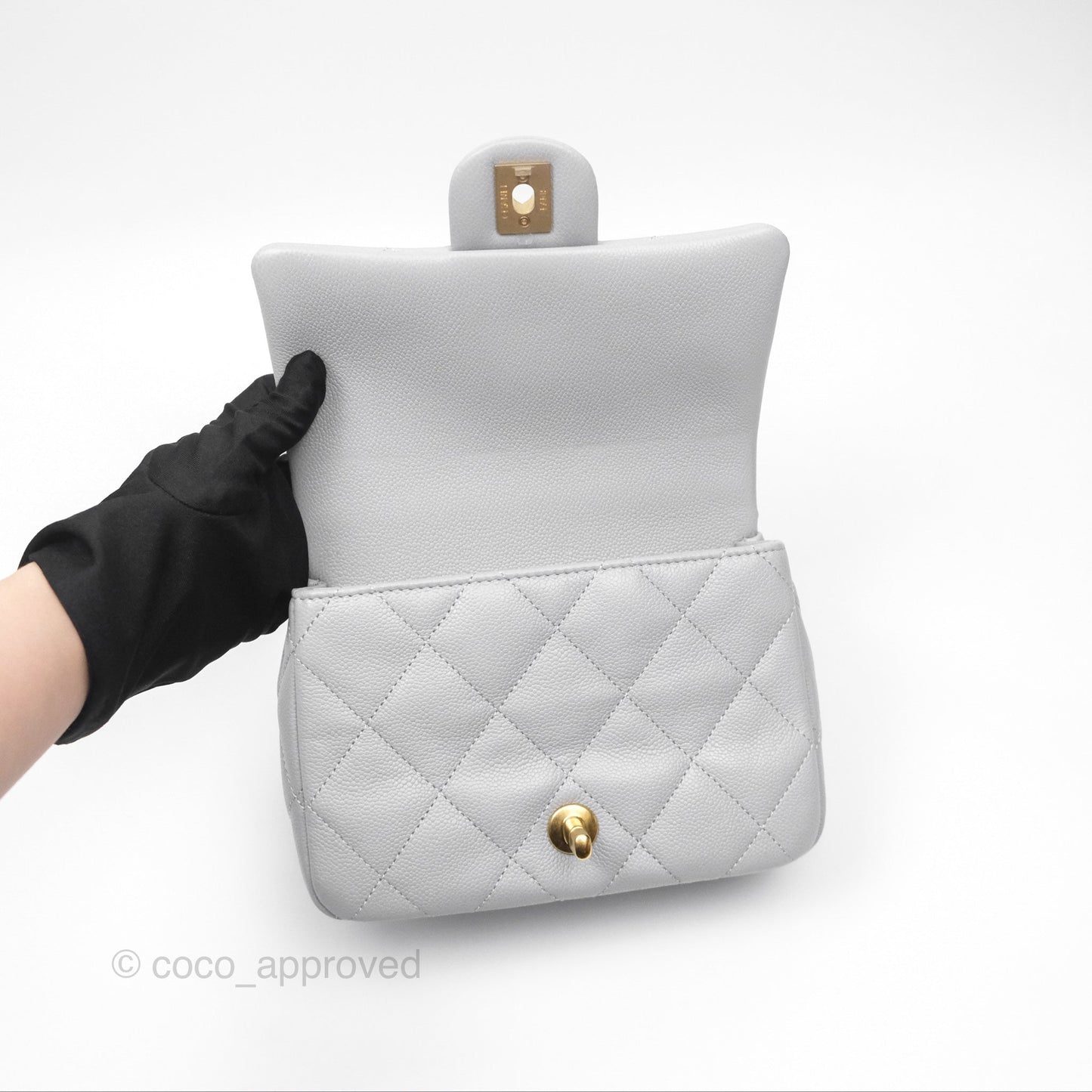 Chanel Mini Flap Bag Heart Adjustable Chain Grey Caviar Aged Gold Hardware