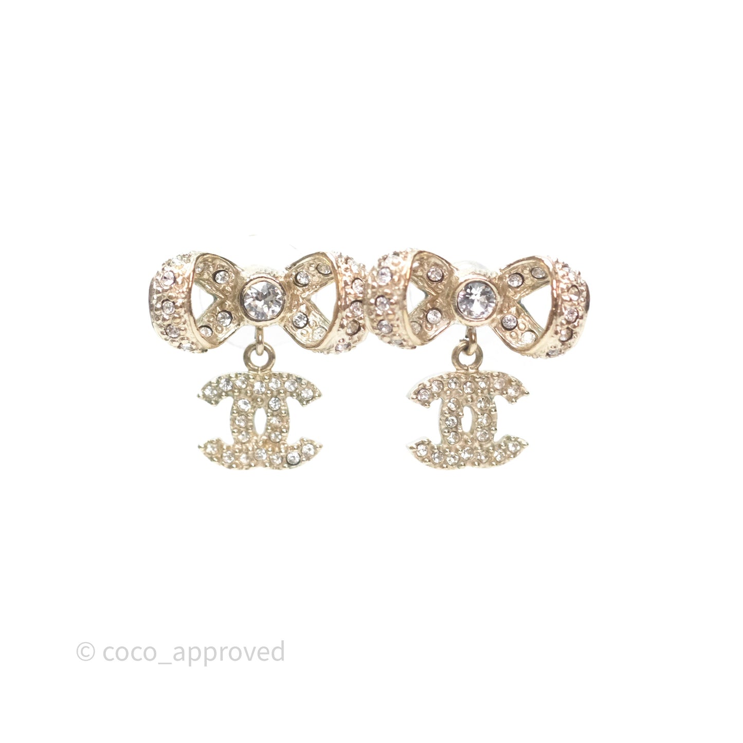 Chanel Crystal CC Bow Knot Earrings Gold Tone