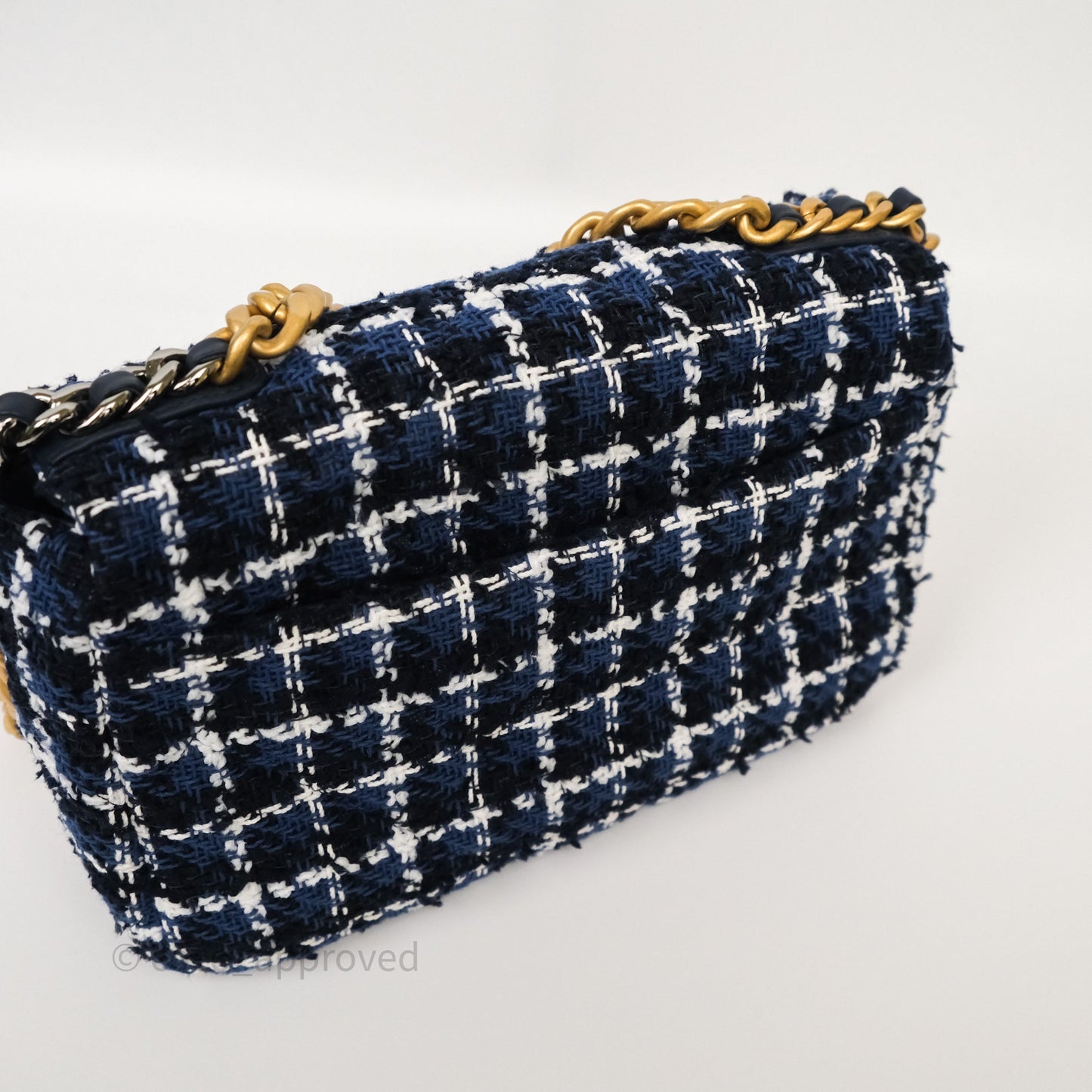 Chanel 19 Small Blue White Black Grid Tweed Mixed Hardware