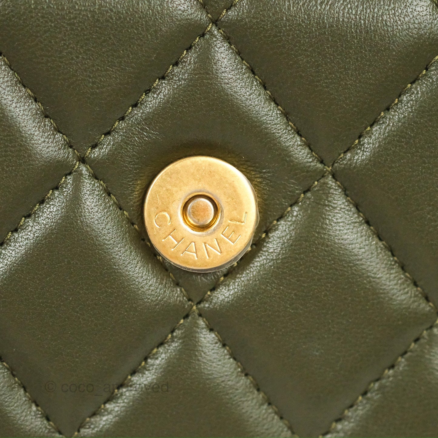 Chanel Top Handle Clutch With Chain Army Green Lambskin Aged Gold Hardware