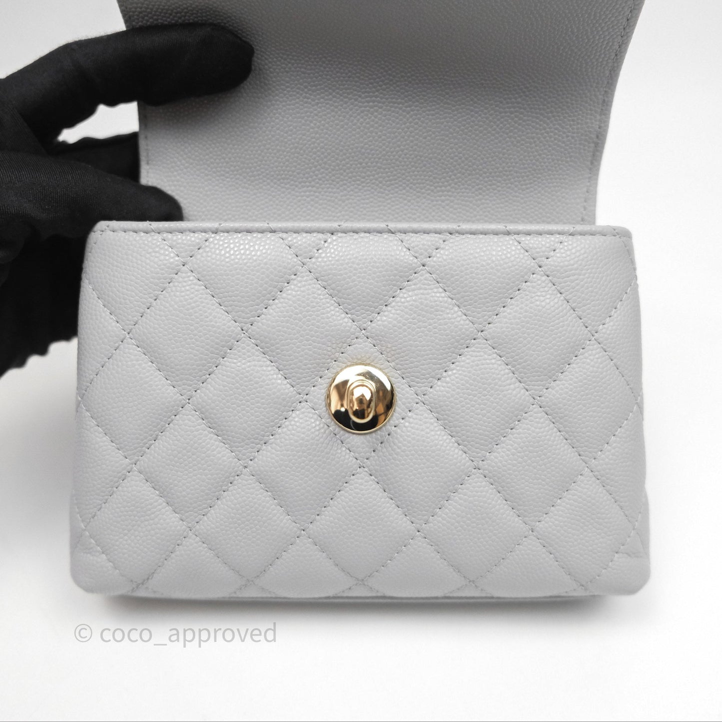 Chanel Coco Handle Clutch with Chain Quilted Light Grey Caviar Gold Hardware