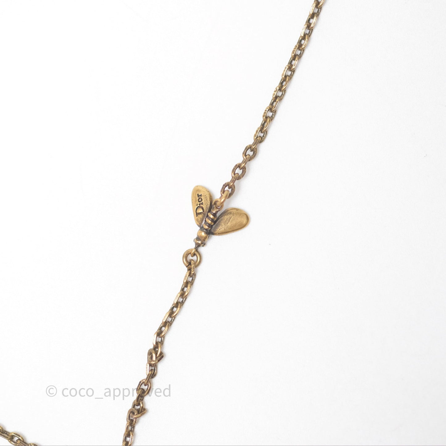 Christian Dior Pearl Crystal Bee Long Necklace Aged Gold Tone