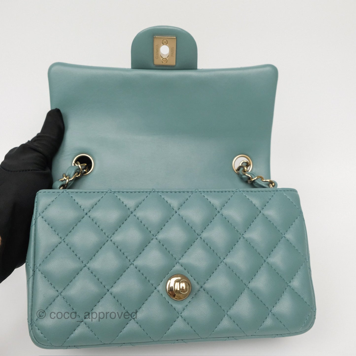 Chanel Quilted Mini Rectangular Flap Turquoise Blue Lambskin Gold Hardware