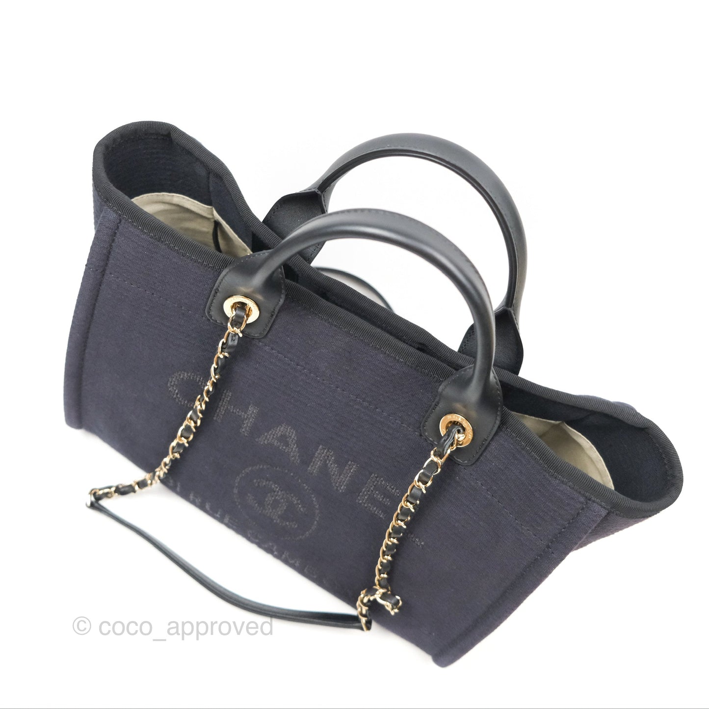Chanel New Small Deauville Tote Dark Navy Cotton Raffia Logo