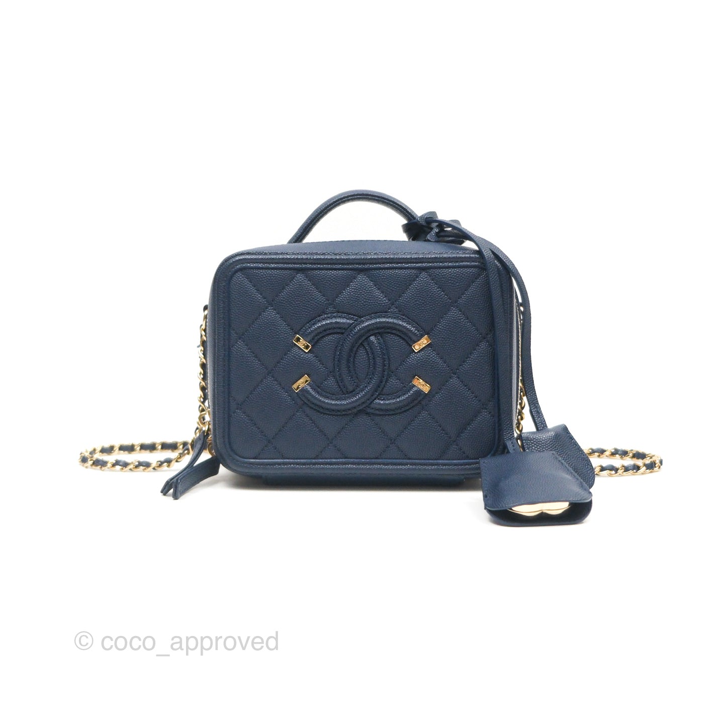 Chanel Quilted Small CC Filigree Vanity Case Navy Caviar Gold Hardware