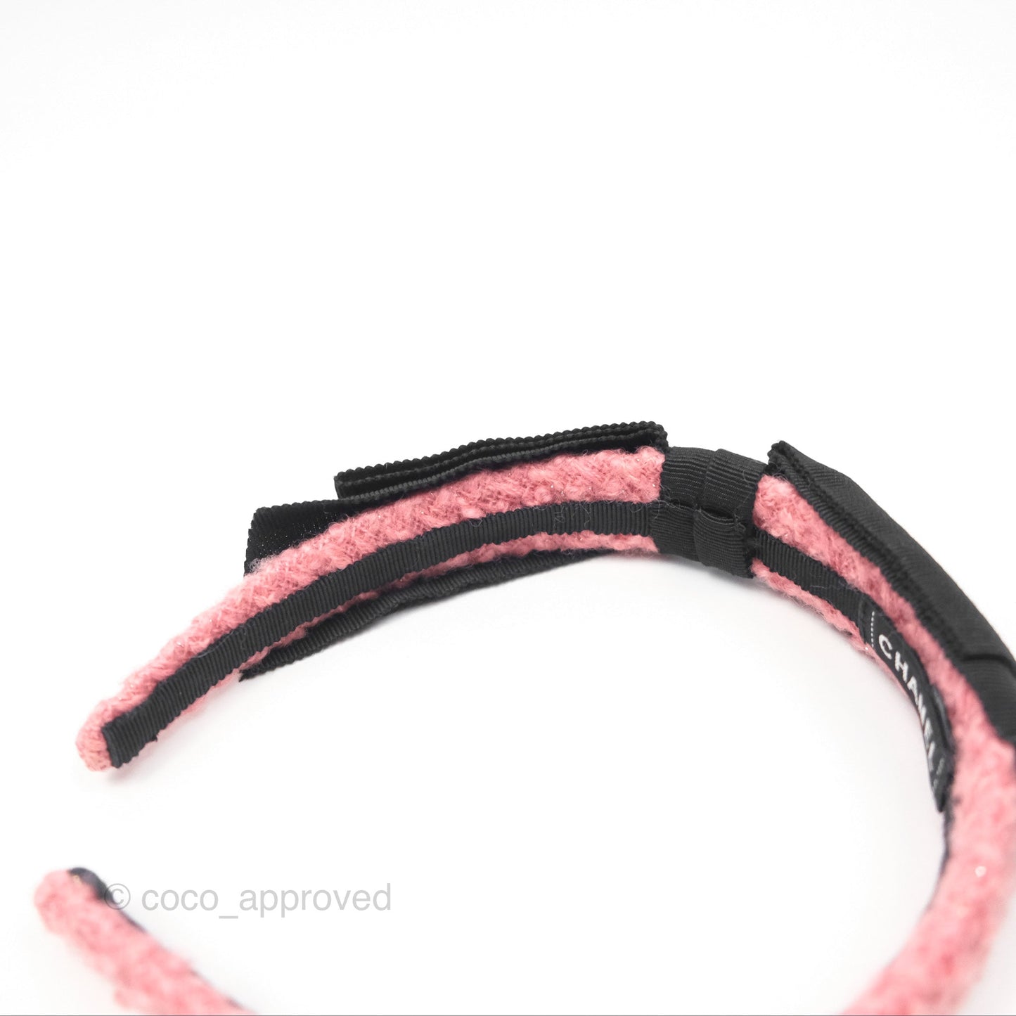 Chanel Black CC Silk Ribbon Bow Tweed Hair Band Pink 22B