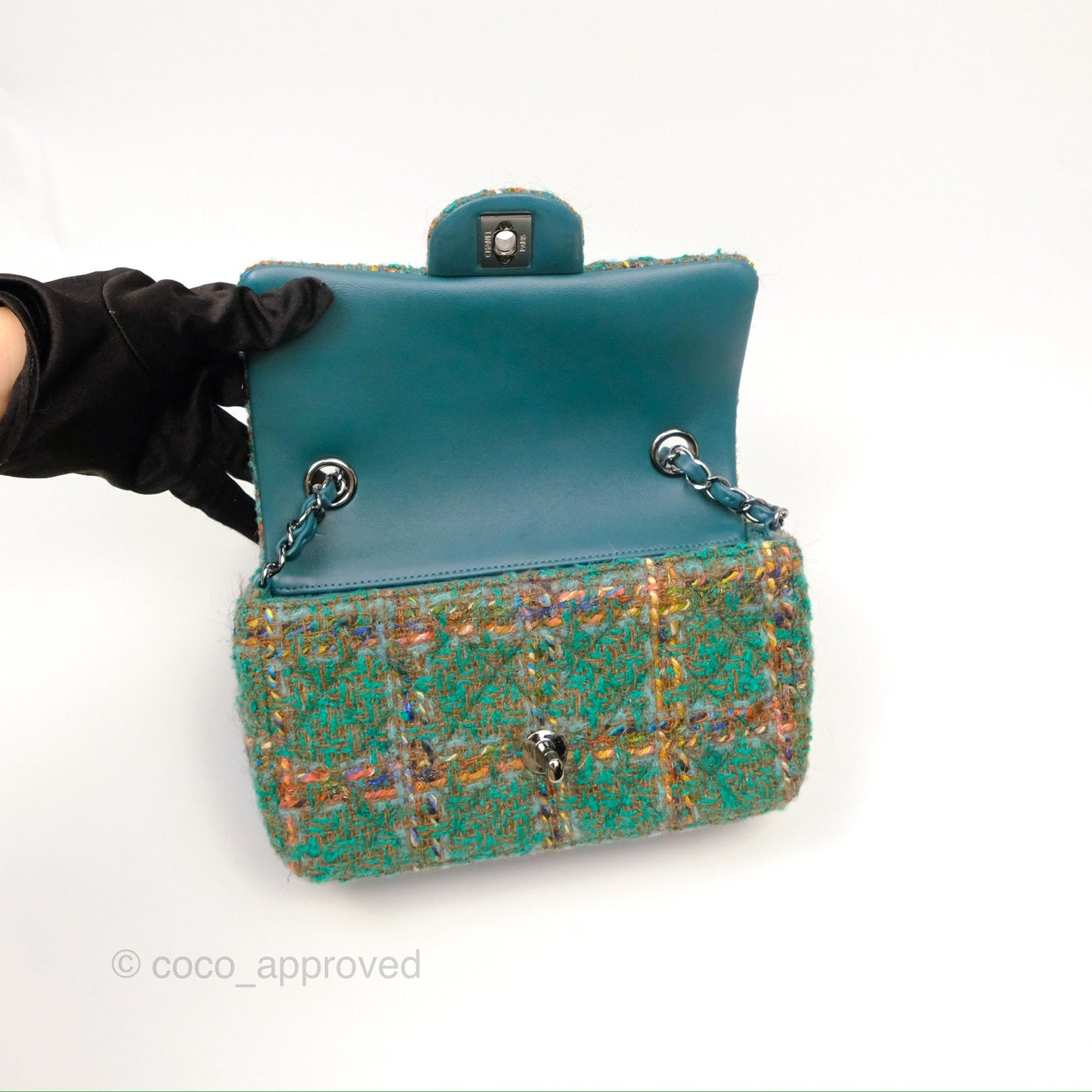 Chanel Mini Rectangular Flap Quilted Green Tweed Gun Metal 23A