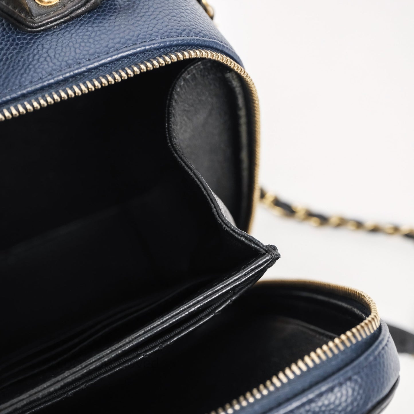 Chanel Quilted Large CC Filigree Vanity Case Navy Black Caviar Aged Gold Hardware
