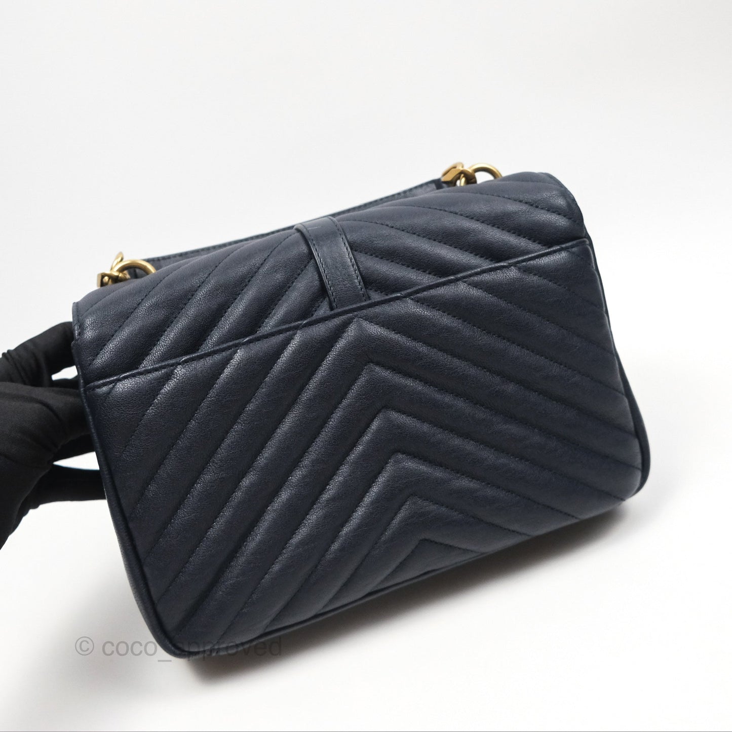 Saint Laurent Chevron Medium College Navy Chain Bag Gold Hardware
