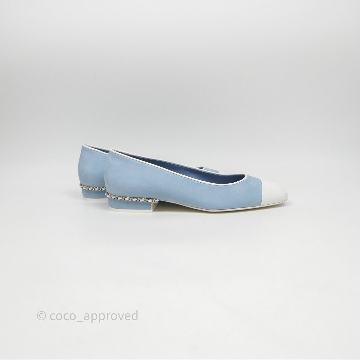 Chanel White Toe Pointed Light Blue Ballerinas With Chain Size 37