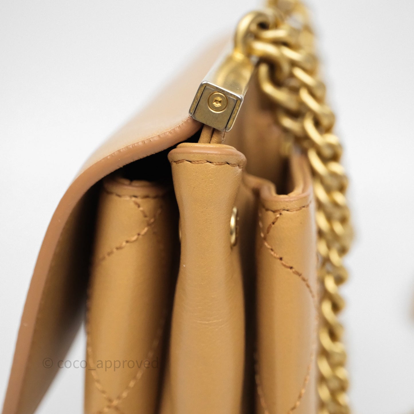 Chanel Small Coco Luxe Flap Bag Caramel Beige Calfskin Aged Gold Hardware