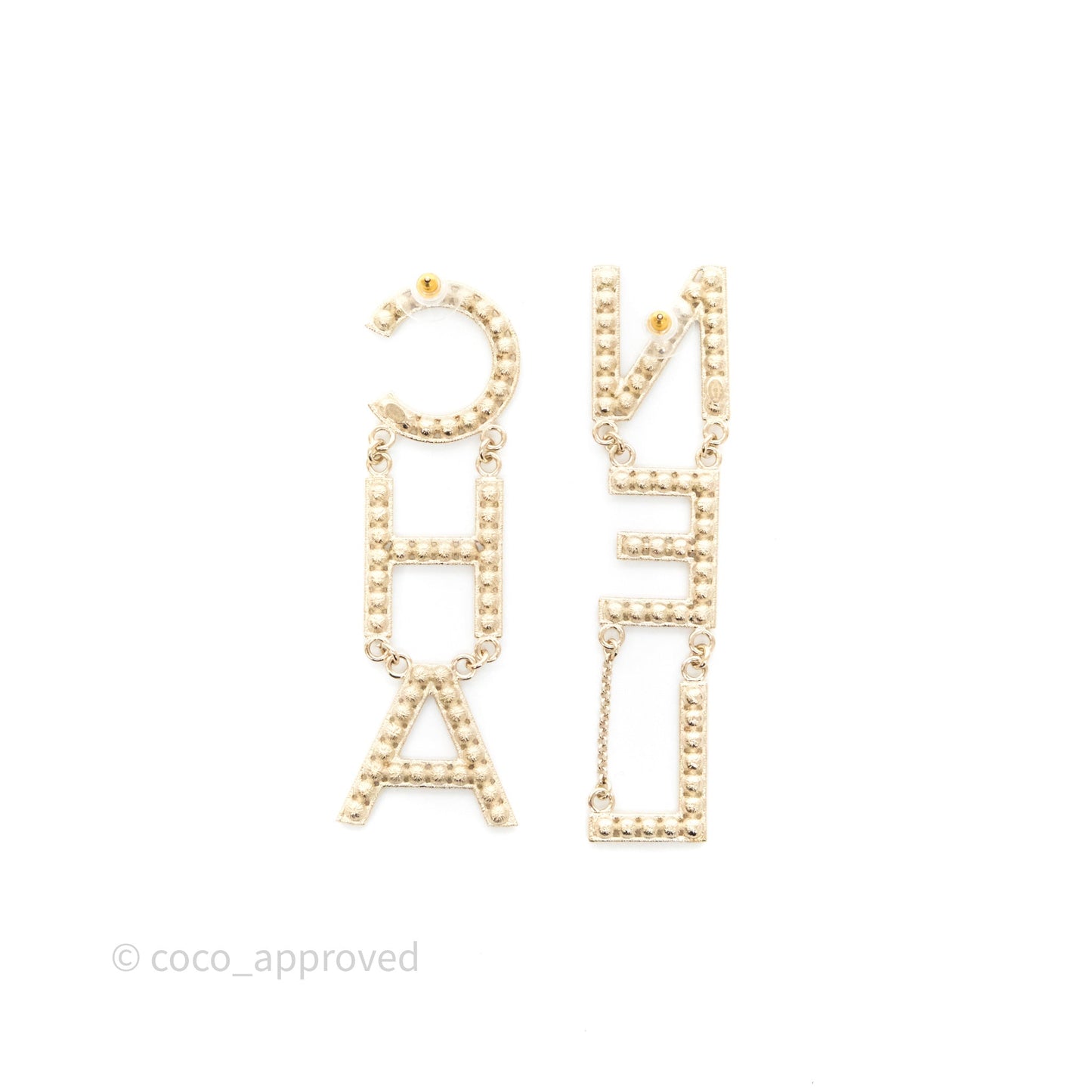 Chanel Crystal Cha-Nel Logo Drop Earrings Gold Tone 20V