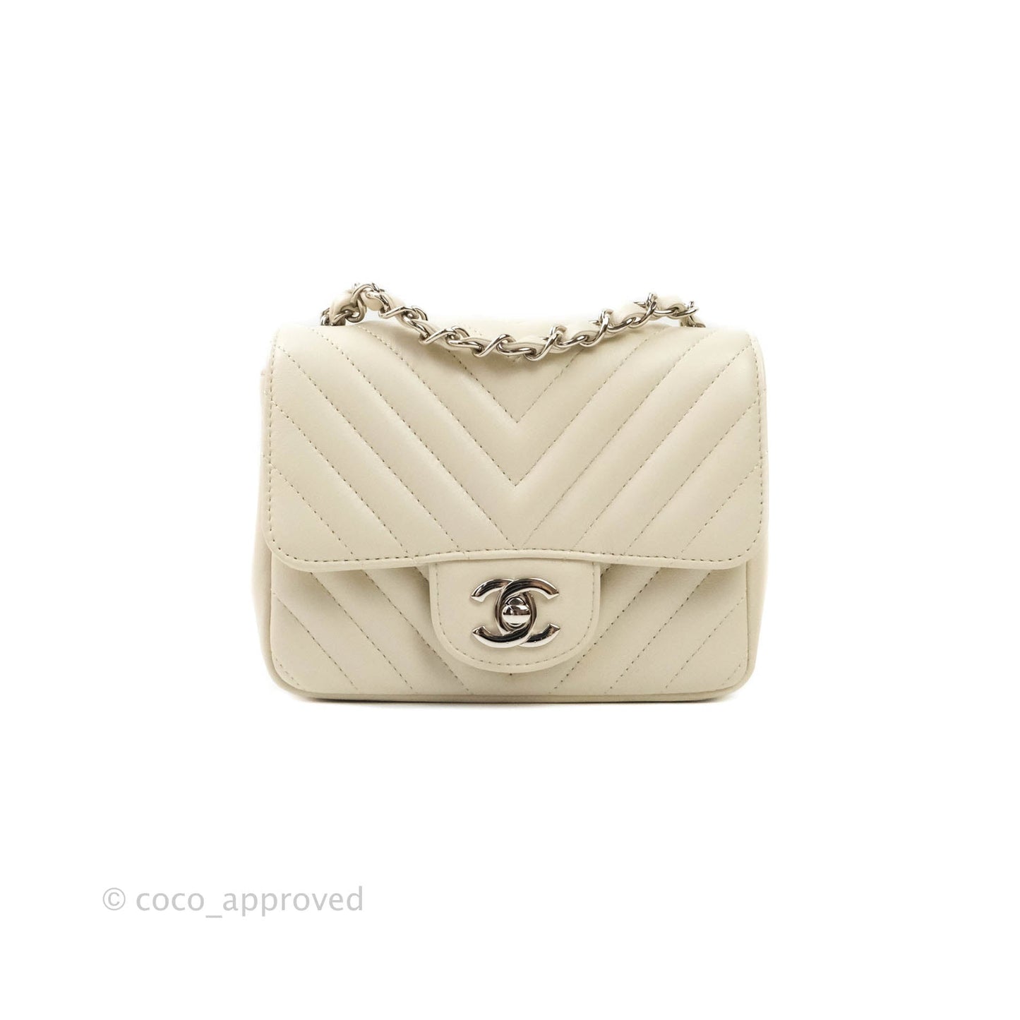 Chanel Mini Square Chevron White Ivory Lambskin Silver Hardware