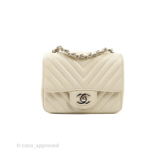 Chanel Mini Square Chevron White Ivory Lambskin Silver Hardware