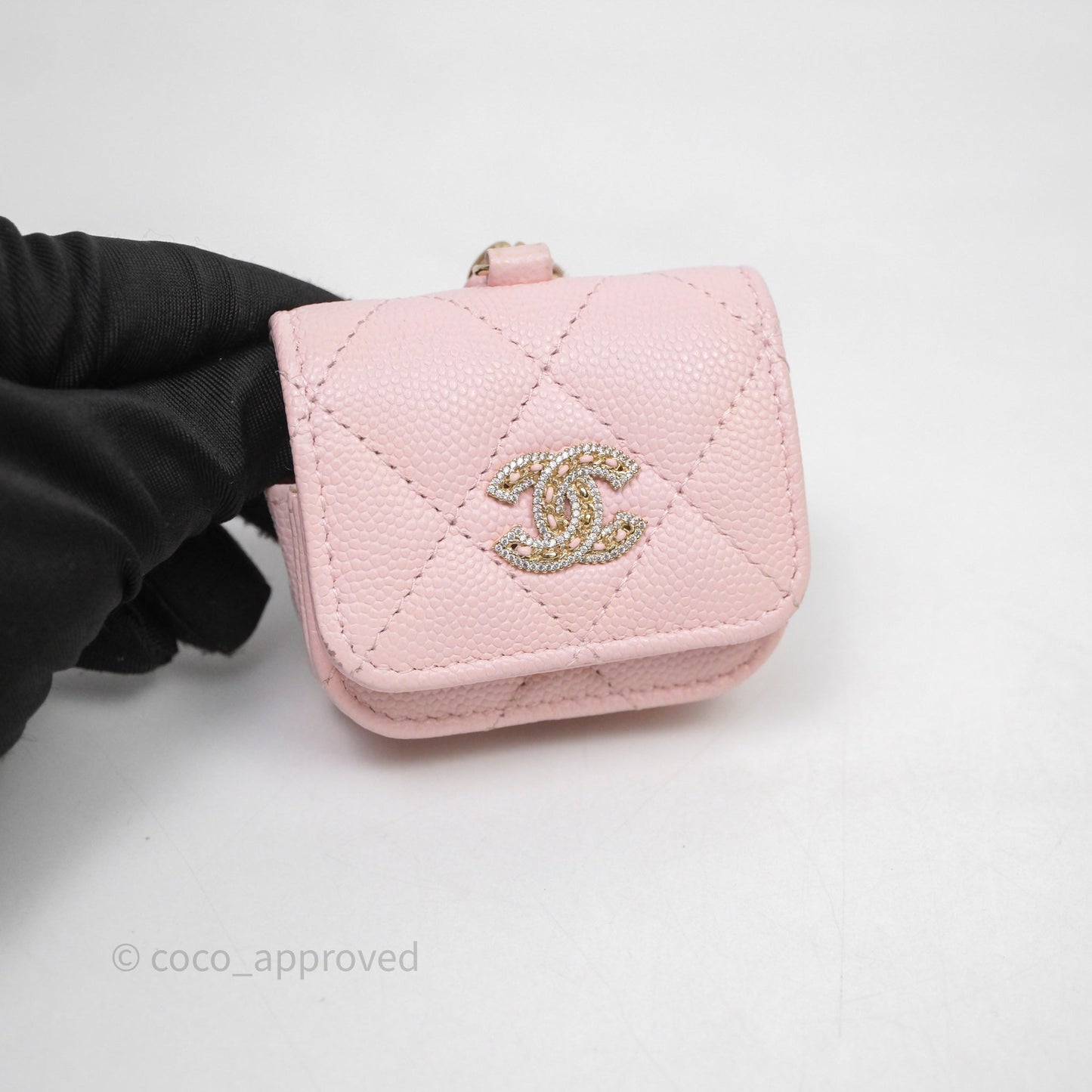 Chanel Quilted Crystal CC Pink Caviar Airpods Phone Case With Chain Light Gold Hardware