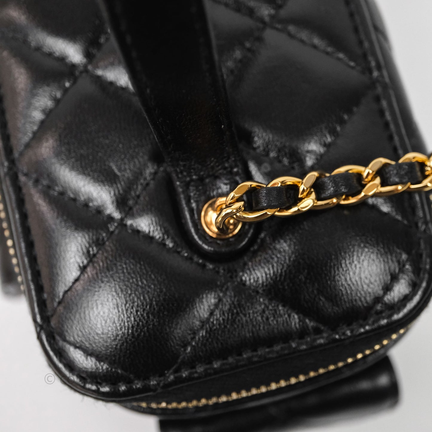 Chanel Quilted Top Handle Pocket Vanity Case Black Shiny Lambskin Bag Gold Hardware
