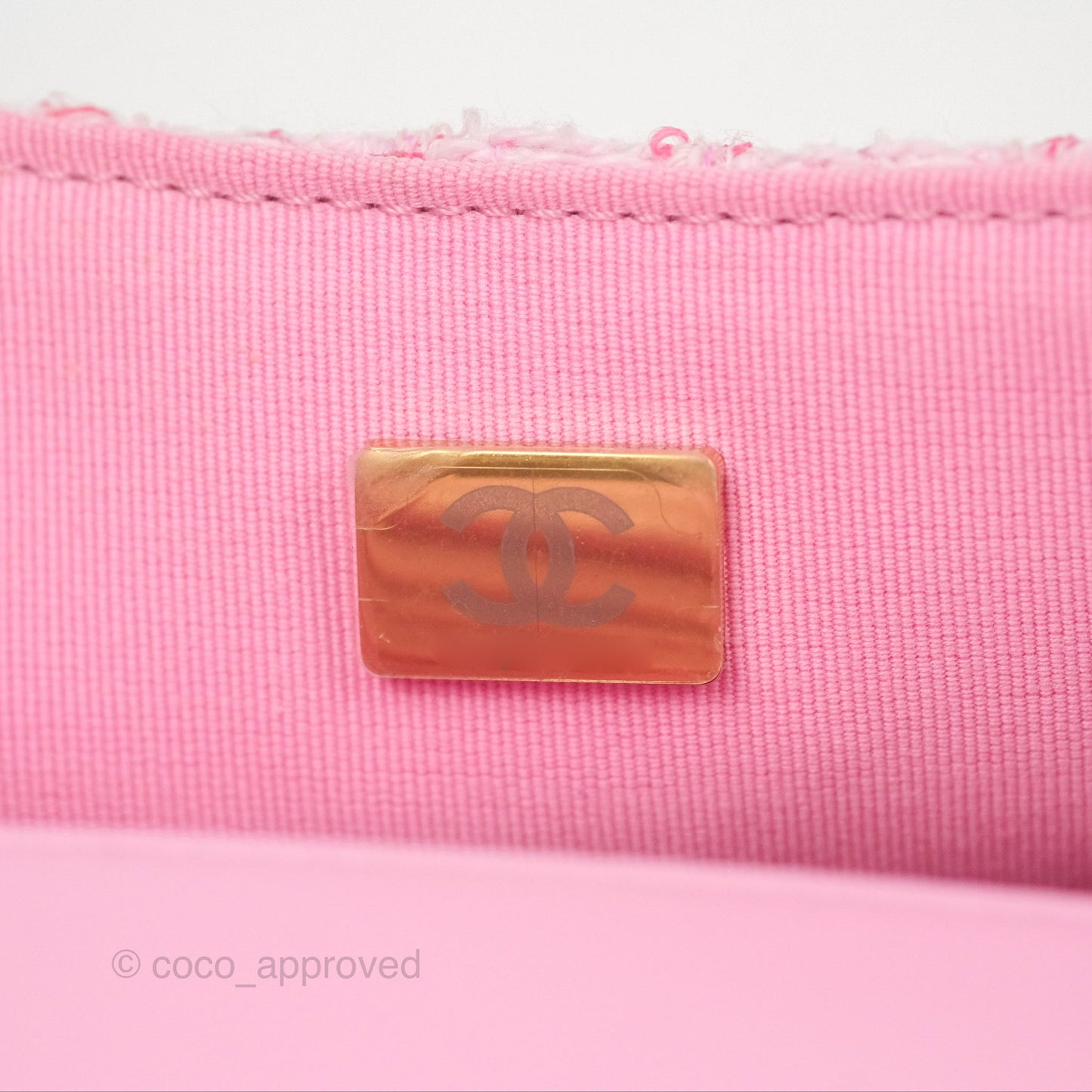 Chanel Flap Bag with Heart Resin Charm Chain Pink Tweed Gold Hardware