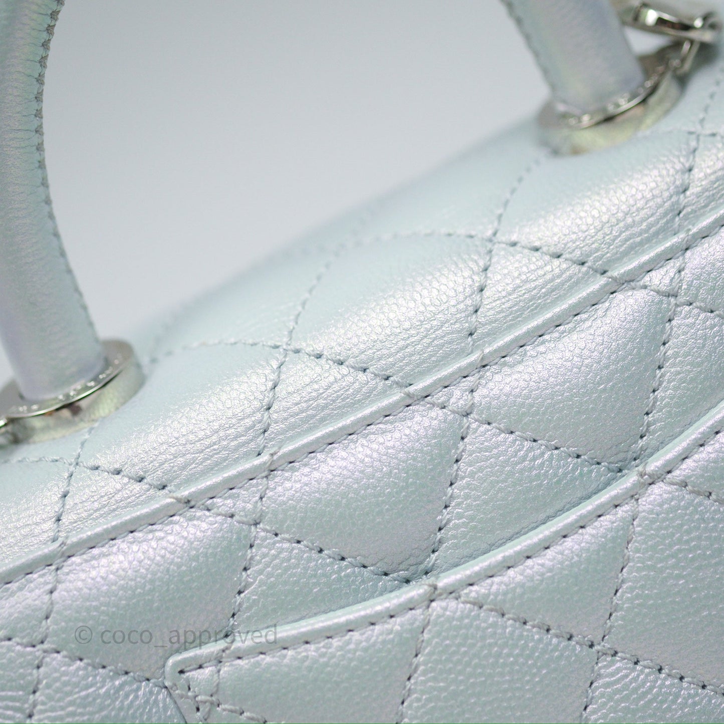 Chanel Mini Coco Handle Quilted Iridescent Light Blue Caviar Rainbow Hardware