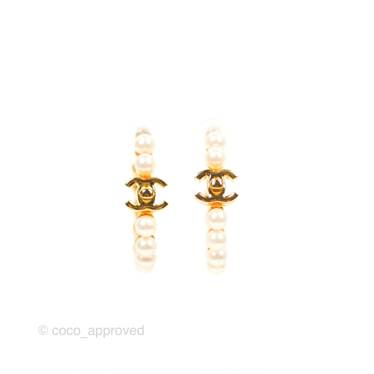 Chanel CC Pearl Hoop Earrings Gold Tone 20A