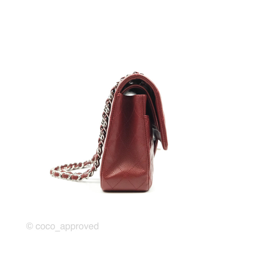Chanel Classic M/L Medium Double Flap Dark Red Caviar Silver Hardware