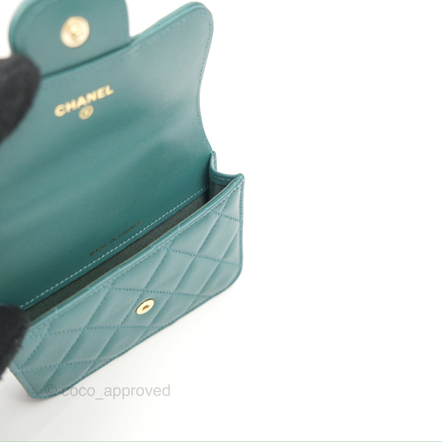 Chanel Mini Handle Flap Coin Purse With Chain Teal Green Lambskin Aged Gold Hardware