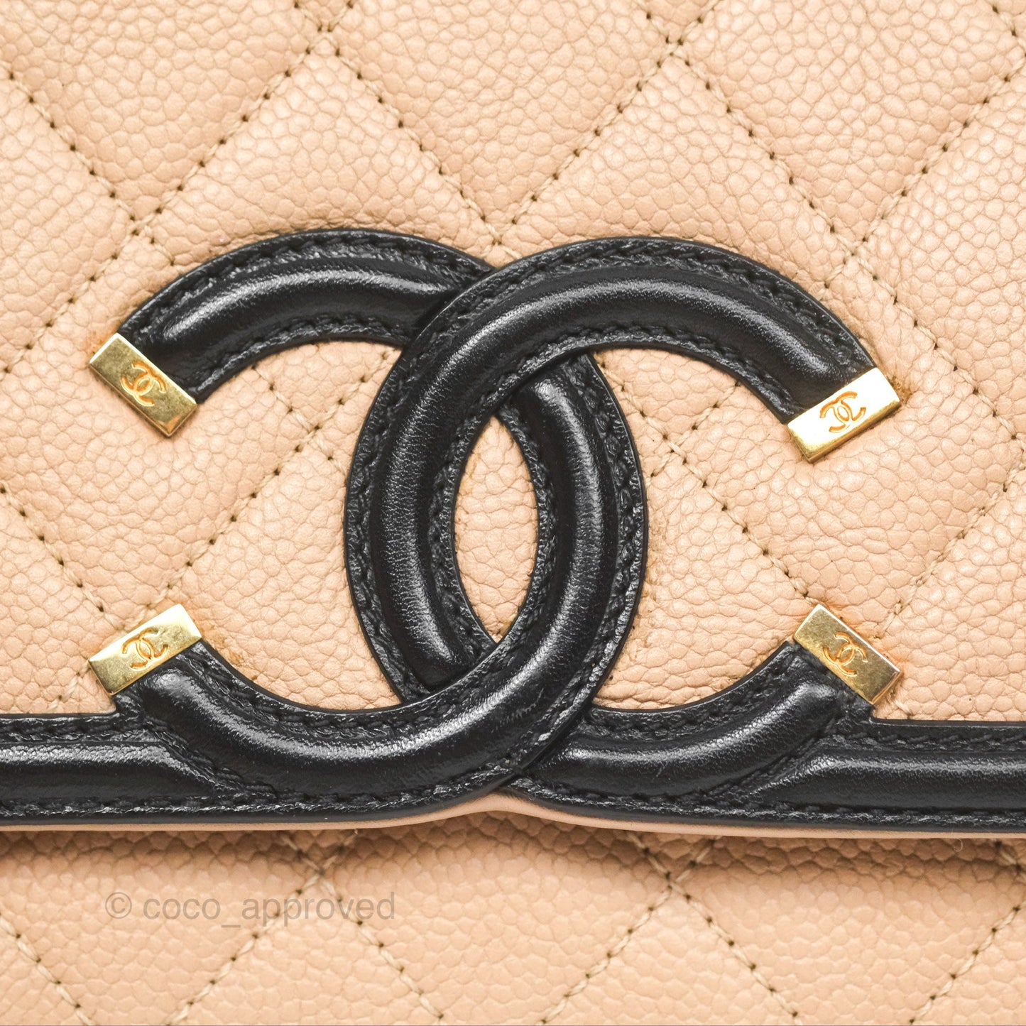 Chanel Small CC Filigree Flap Quilted Beige Black Caviar