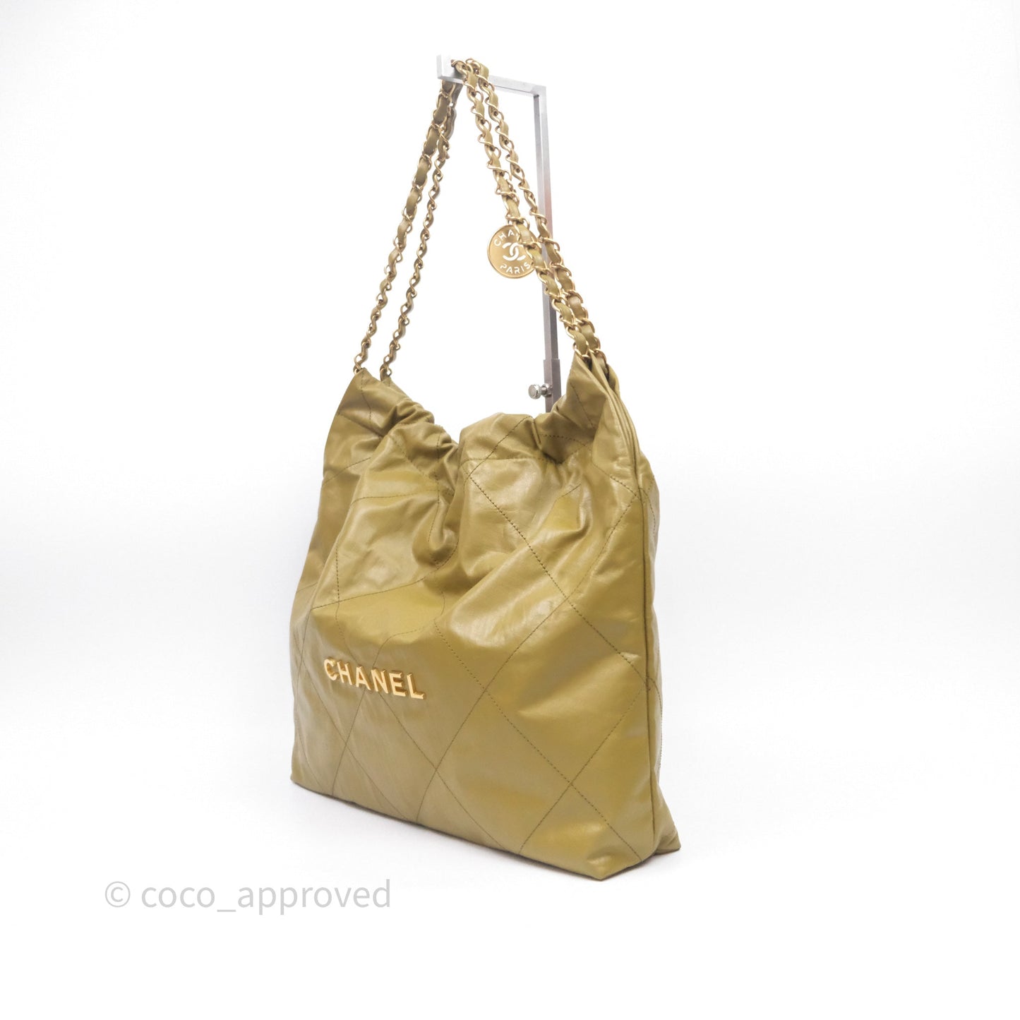 Chanel 22 Bag Medium Crumpled Olive Green Calfskin Aged Gold Hardware