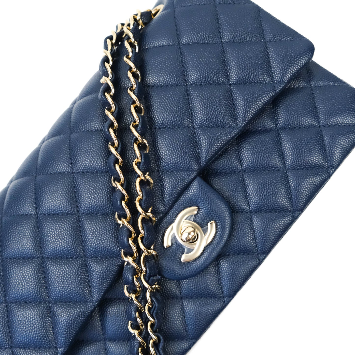 Chanel Quilted M/L Medium Double Flap Navy Caviar Gold Hardware 17B