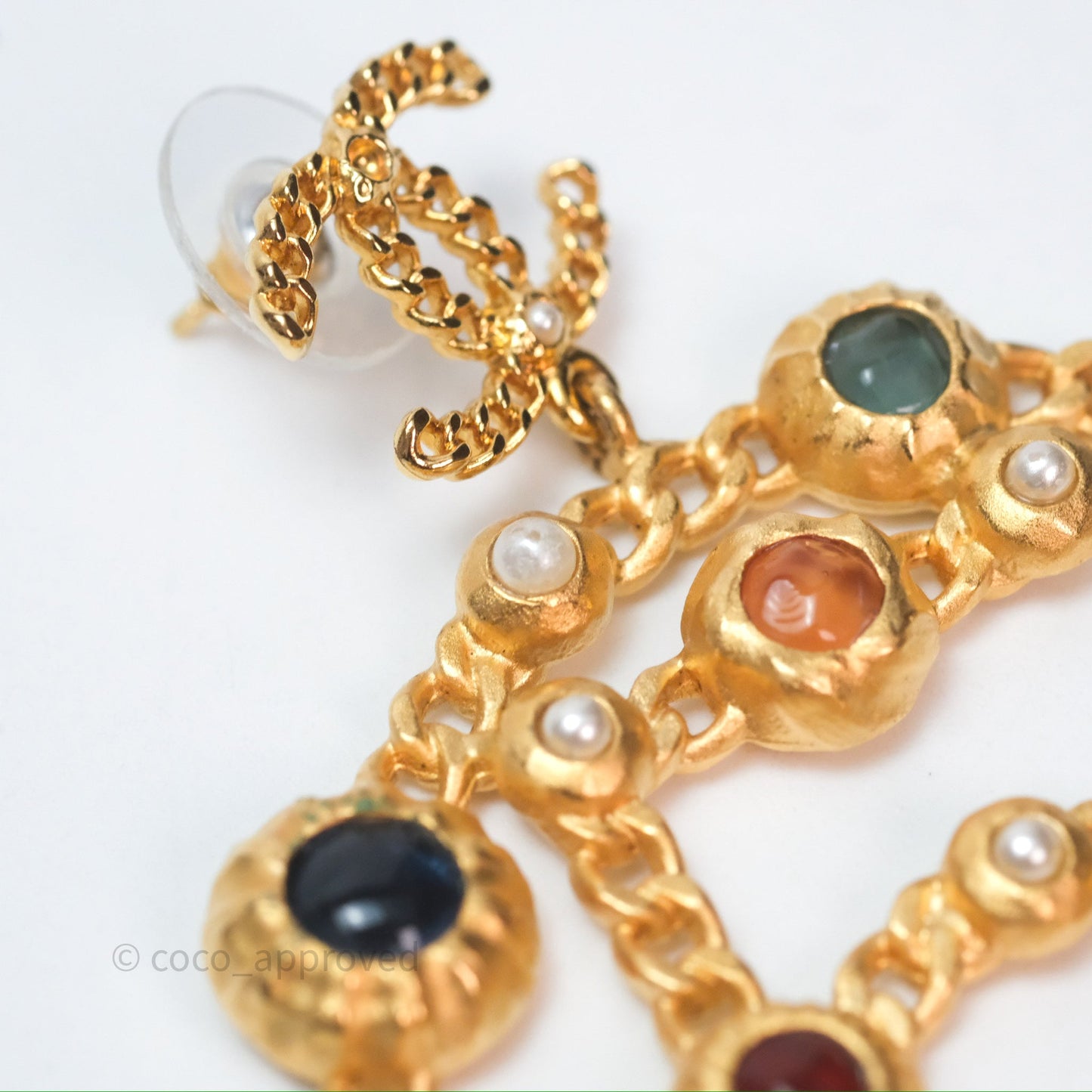 Chanel CC Pearl Stone Circle No.5 Earrings Aged Gold Tone 18K