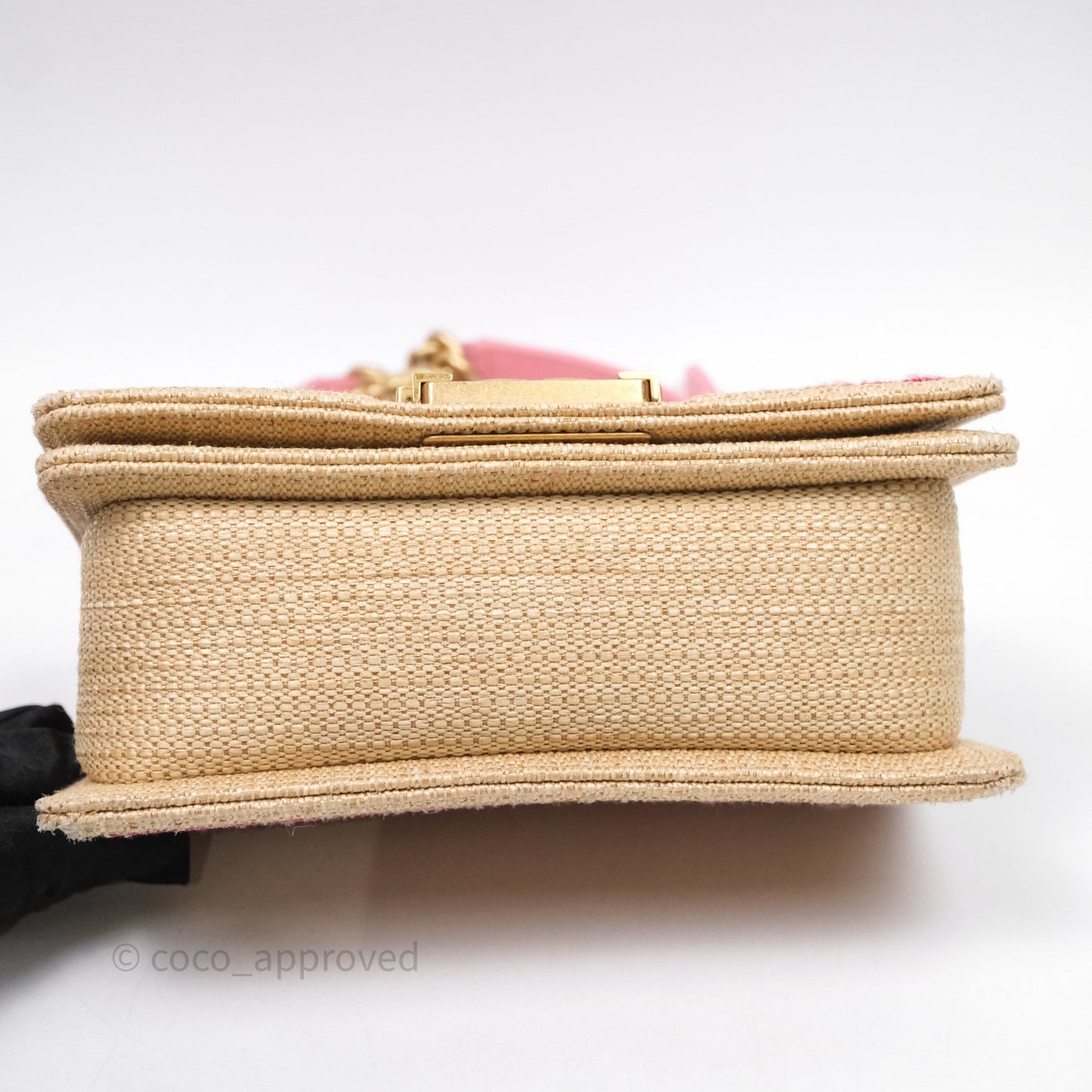 Chanel Small Boy Chevron Raffia Metallic Pink Aged Gold Hardware