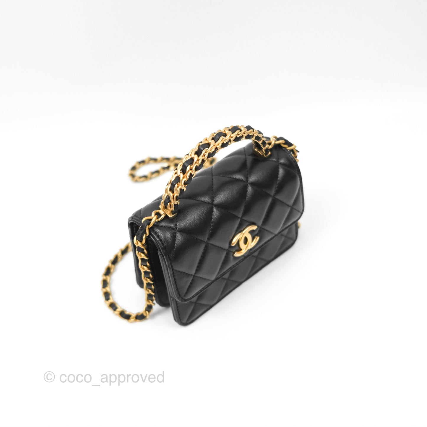 Chanel Top Handle Clutch With Chain Black Lambskin Aged Gold Hardware