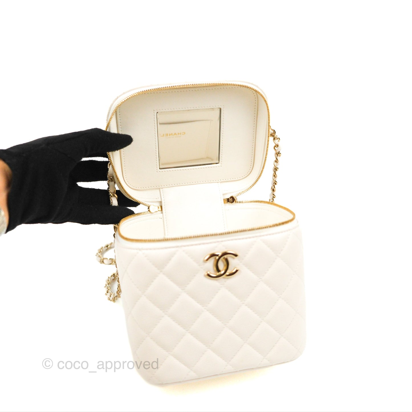 Chanel Quilted Top Handle Vanity Case White Caviar Gold Hardware