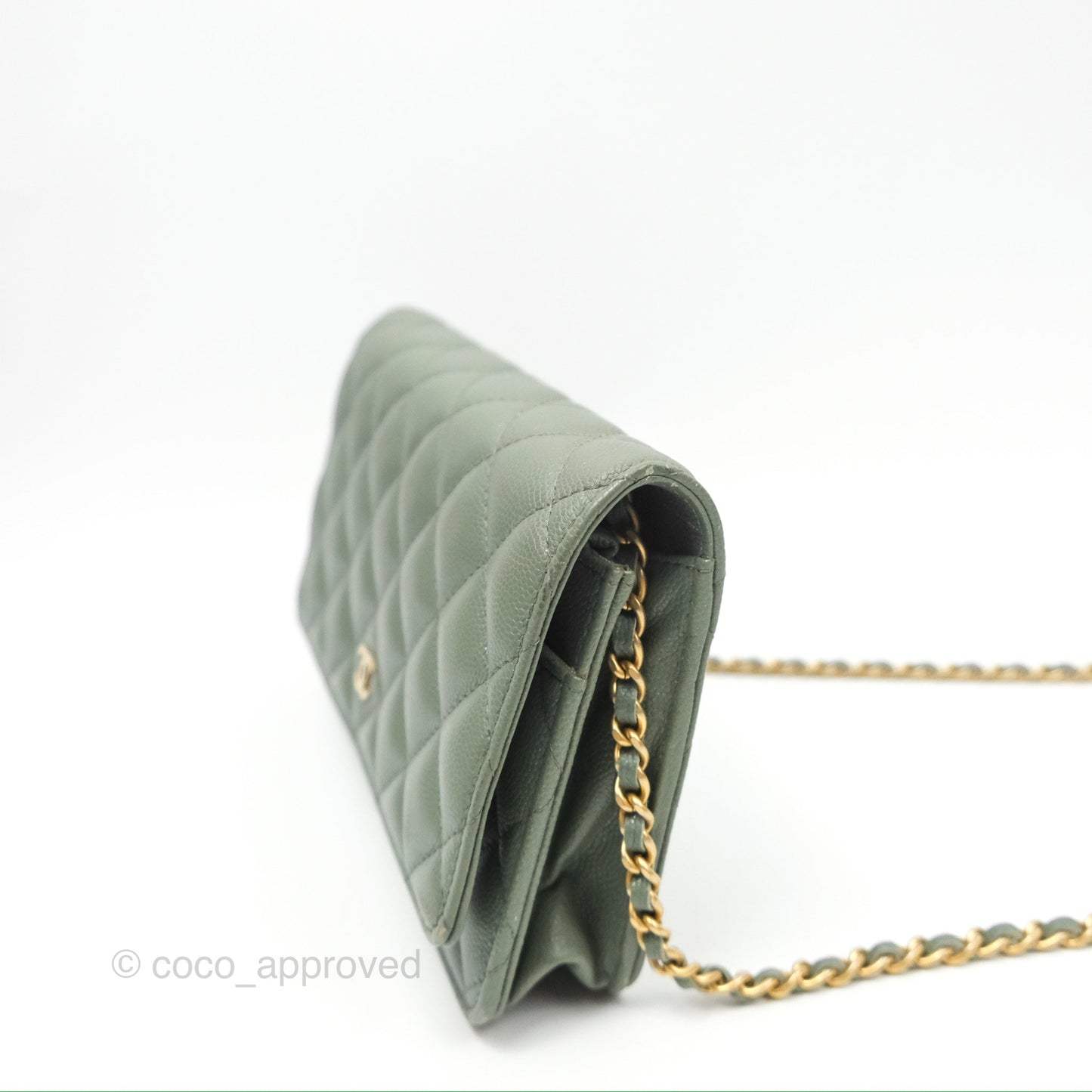 Chanel Classic Quilted Wallet On Chain WOC Glitter Dark Tiffany Green Caviar Aged Gold Hardware