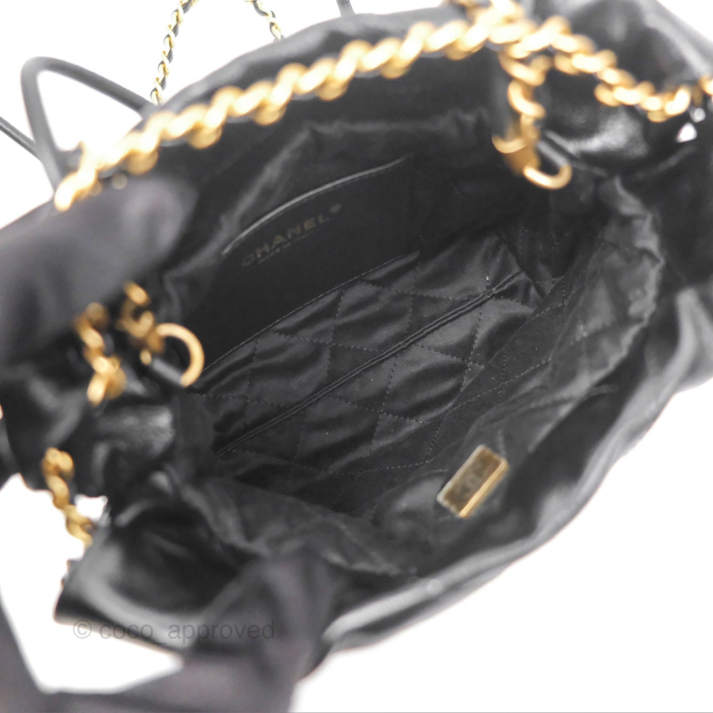 Chanel 22 Quilted Logo Mini Bag with Pearl Chain Black Shiny Crumpled Calfskin
