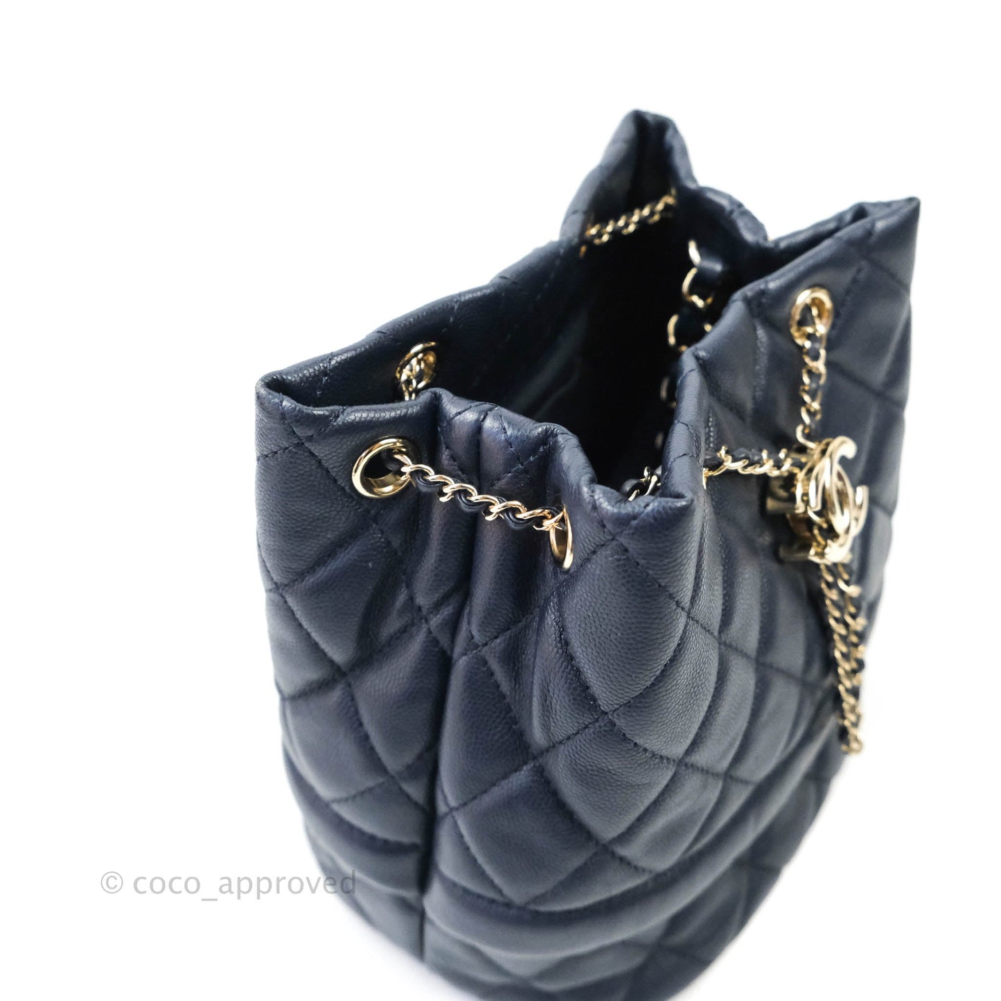 Chanel Caviar Quilted Rolled Up Bucket Drawstring Bag Navy Gold Hardware