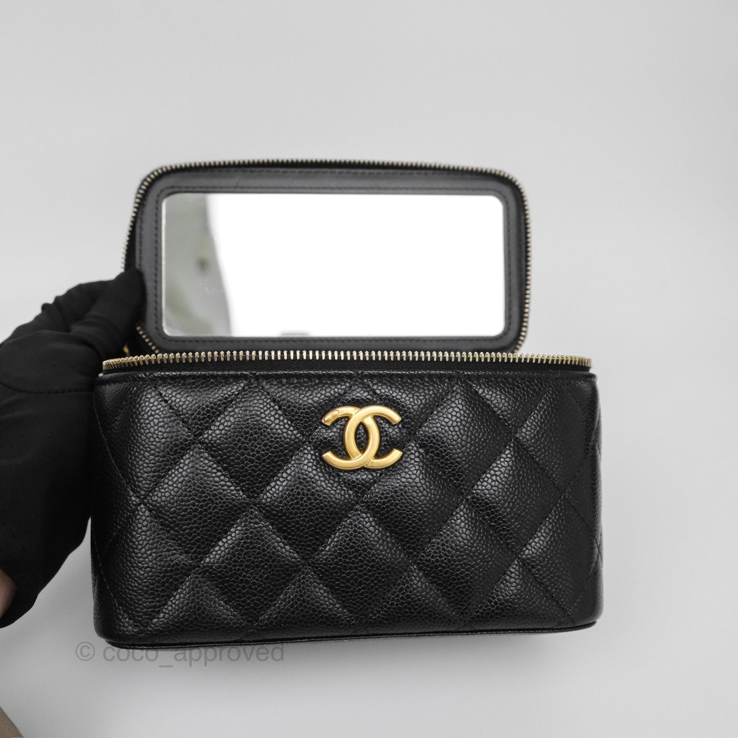 Chanel Logo Top Handle Vanity Rectangular Black Caviar Aged Gold Hardware