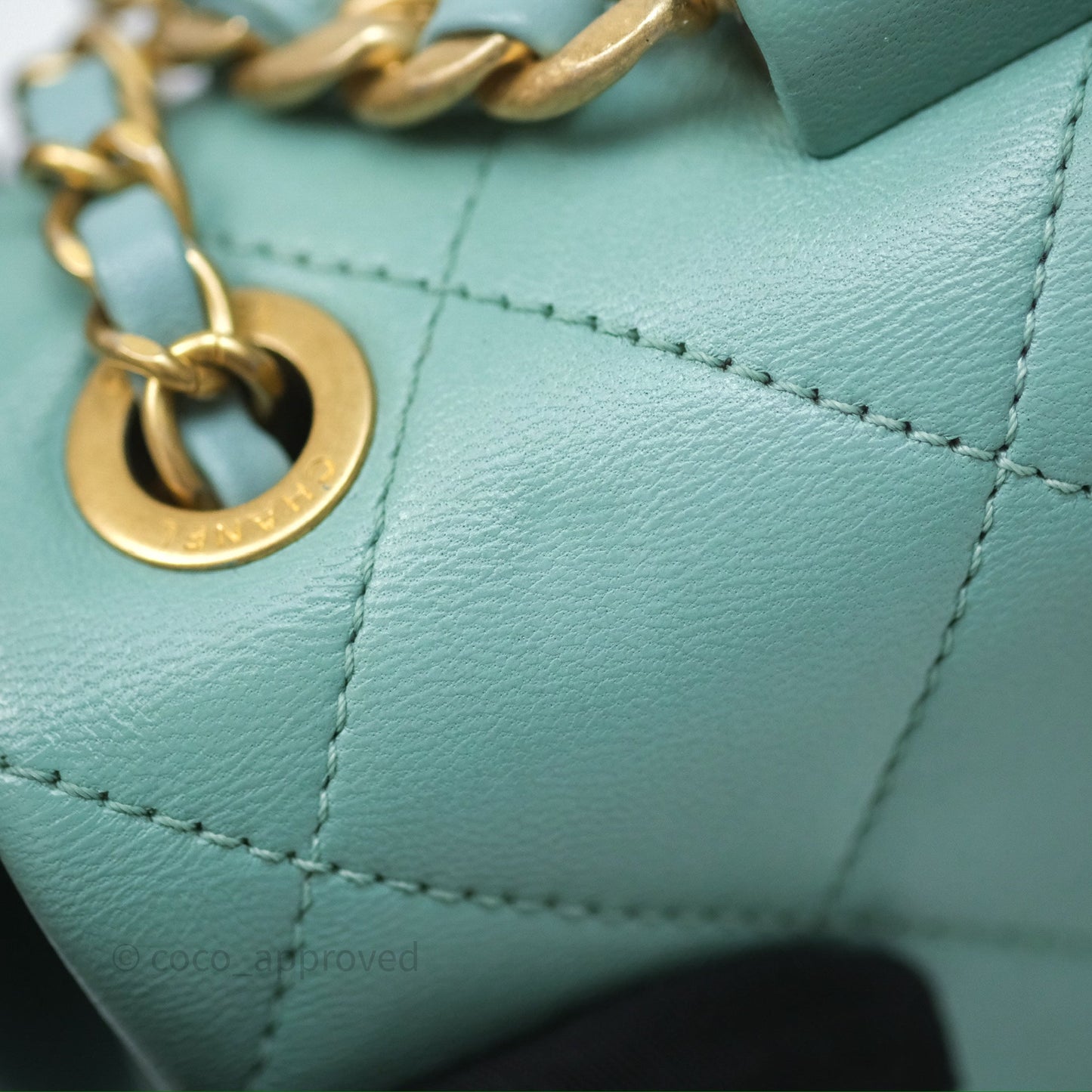 Chanel Quilted Small Circular Handle Bag Mint Green Aged Gold Hardware