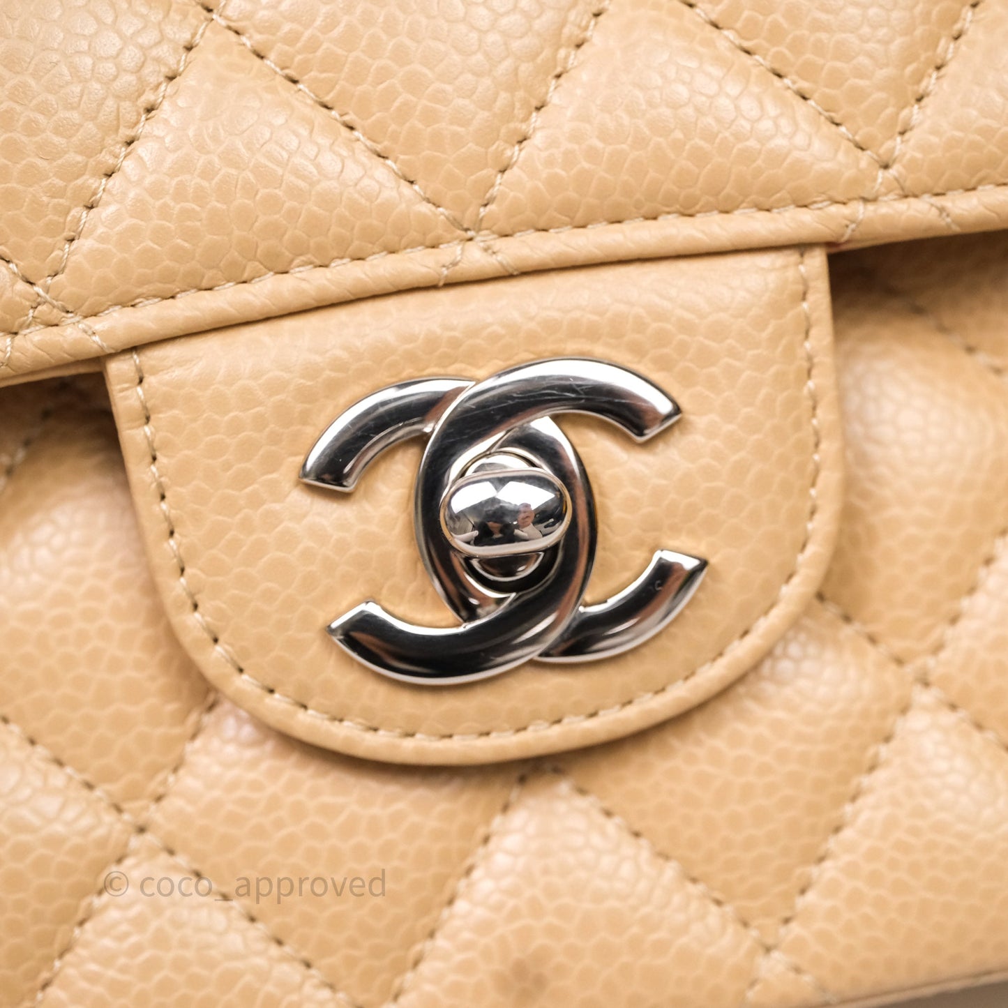 Chanel Classic M/L Medium Flap Quilted Beige Caviar Silver Hardware