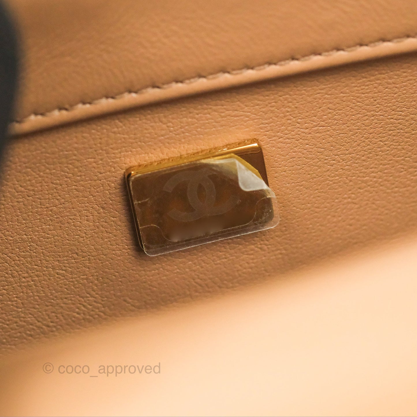 Chanel Top Handle Flap Bag Beige Shiny Lambskin Gold Hardware 23A