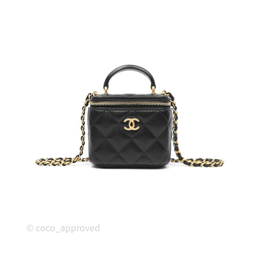Chanel Mini Top Handle Vanity With Chain Black Lambskin Gold Hardware