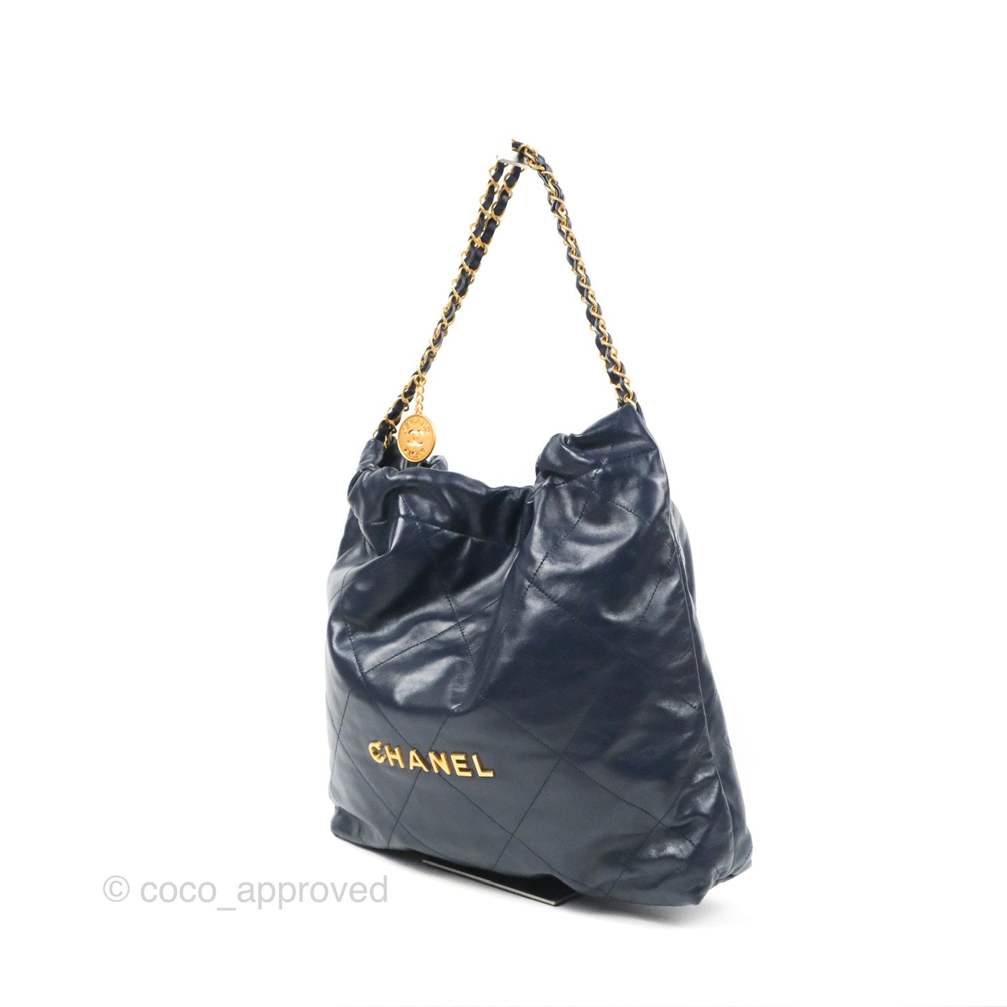 Chanel 22 Medium Navy Shiny Calfskin Aged Gold Hardware