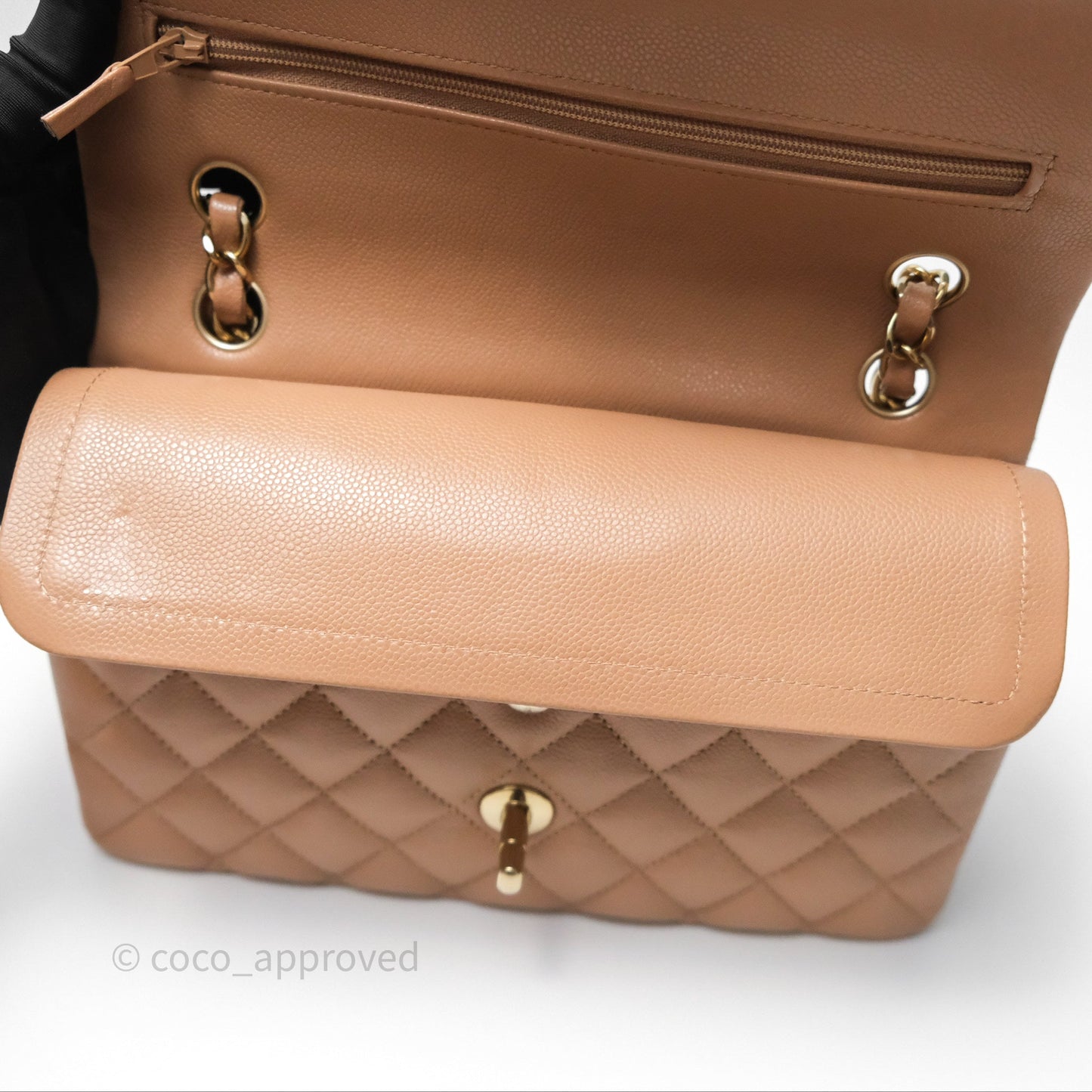 Chanel Small Classic Quilted Flap Dark Beige Caviar Gold Hardware