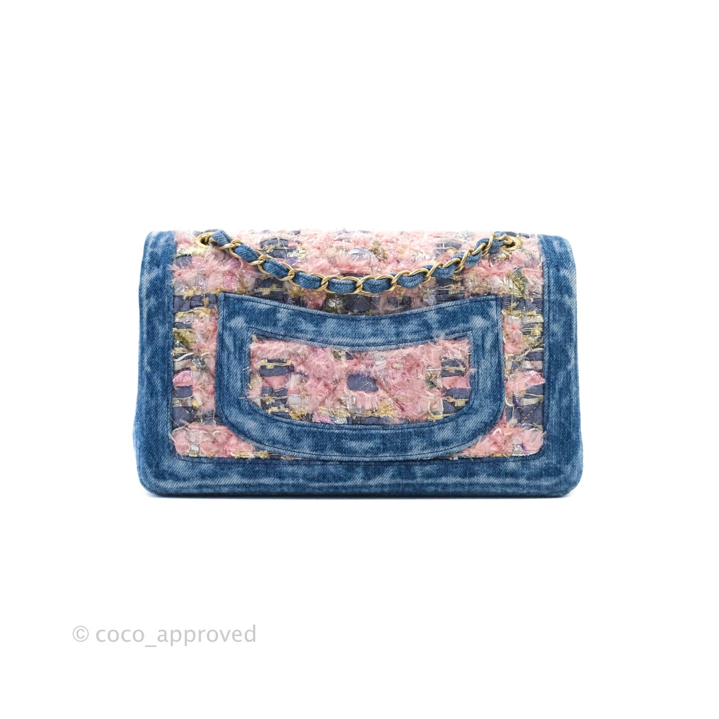 Chanel Quilted M/L Medium Double Flap Tweed Washed Denim Aged Gold Hardware
