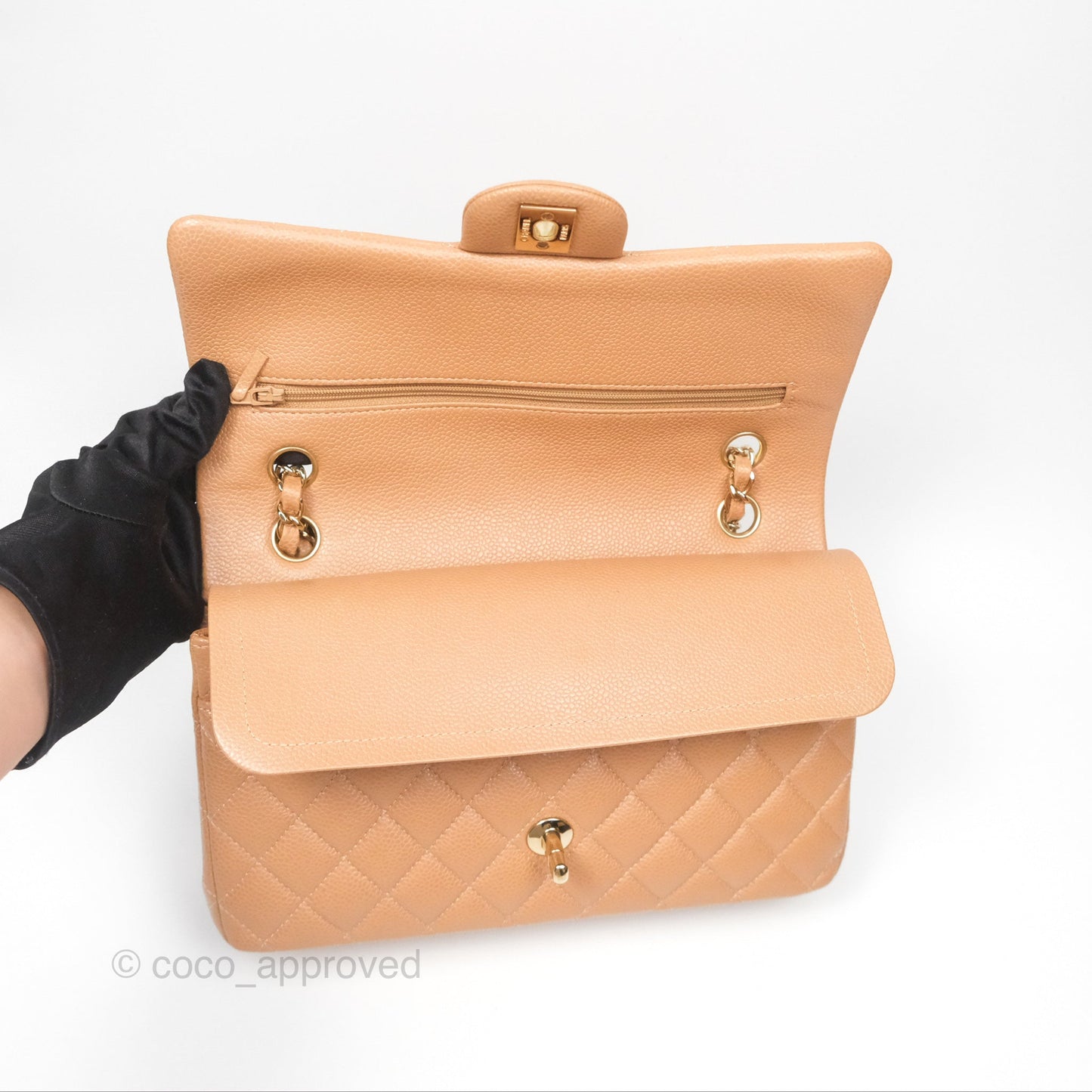 Chanel Classic M/L Medium Flap Quilted Dark Beige Caviar Gold Hardware 18S