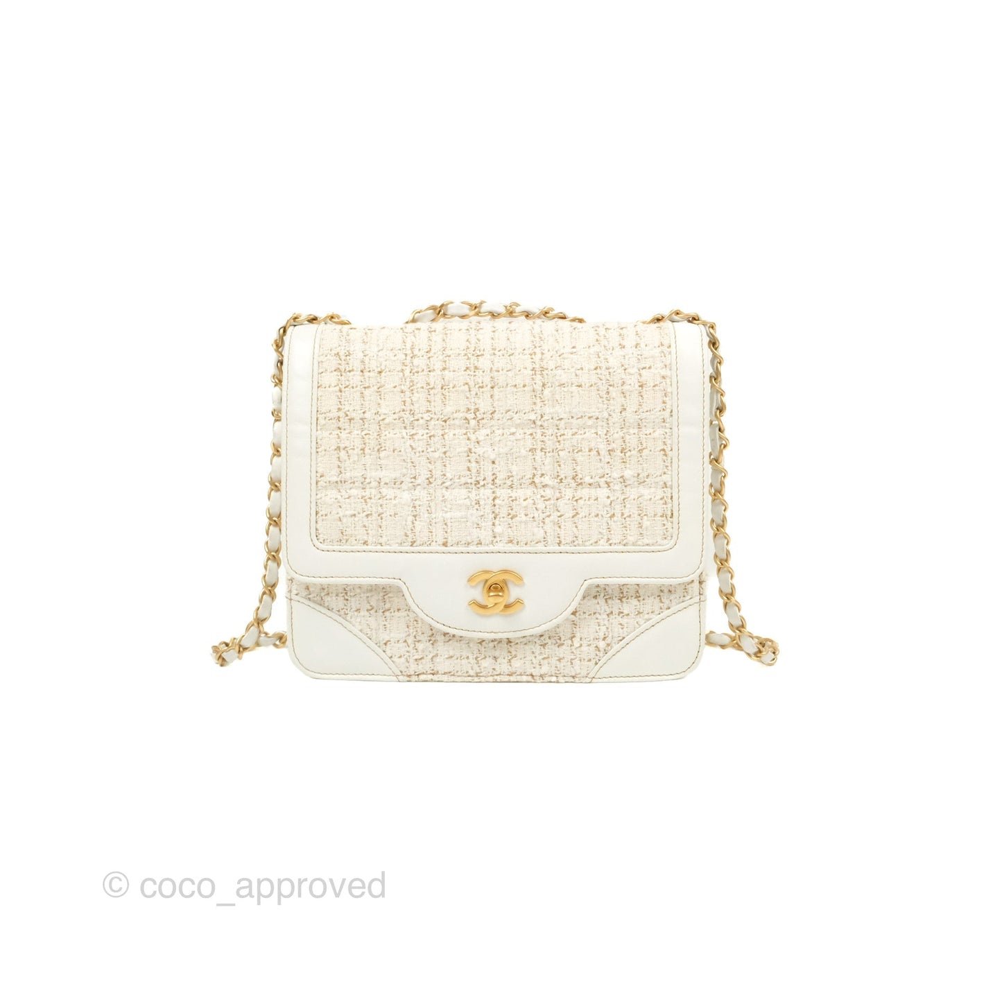 Chanel Small Tweed Flap Bag White Aged Gold Hardware