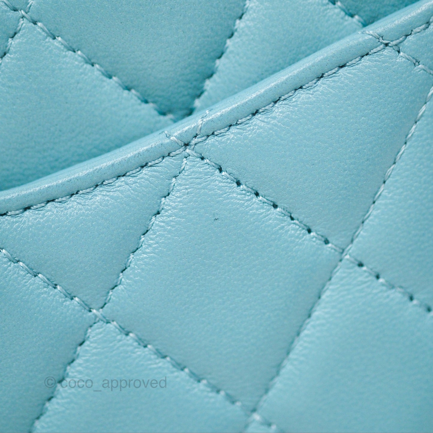 Chanel Flap Bag with Crystal Logo Top Handle Tiffany Blue Lambskin Aged Gold Hardware