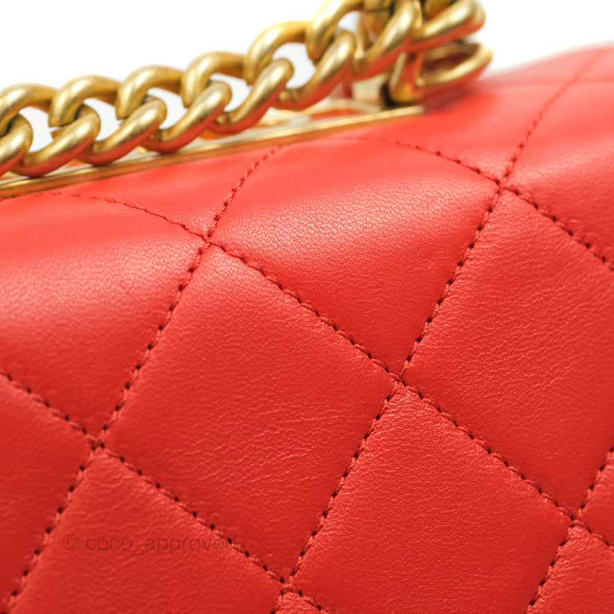 Chanel Top Handle Flap Bag Red Lambskin Aged Gold Hardware