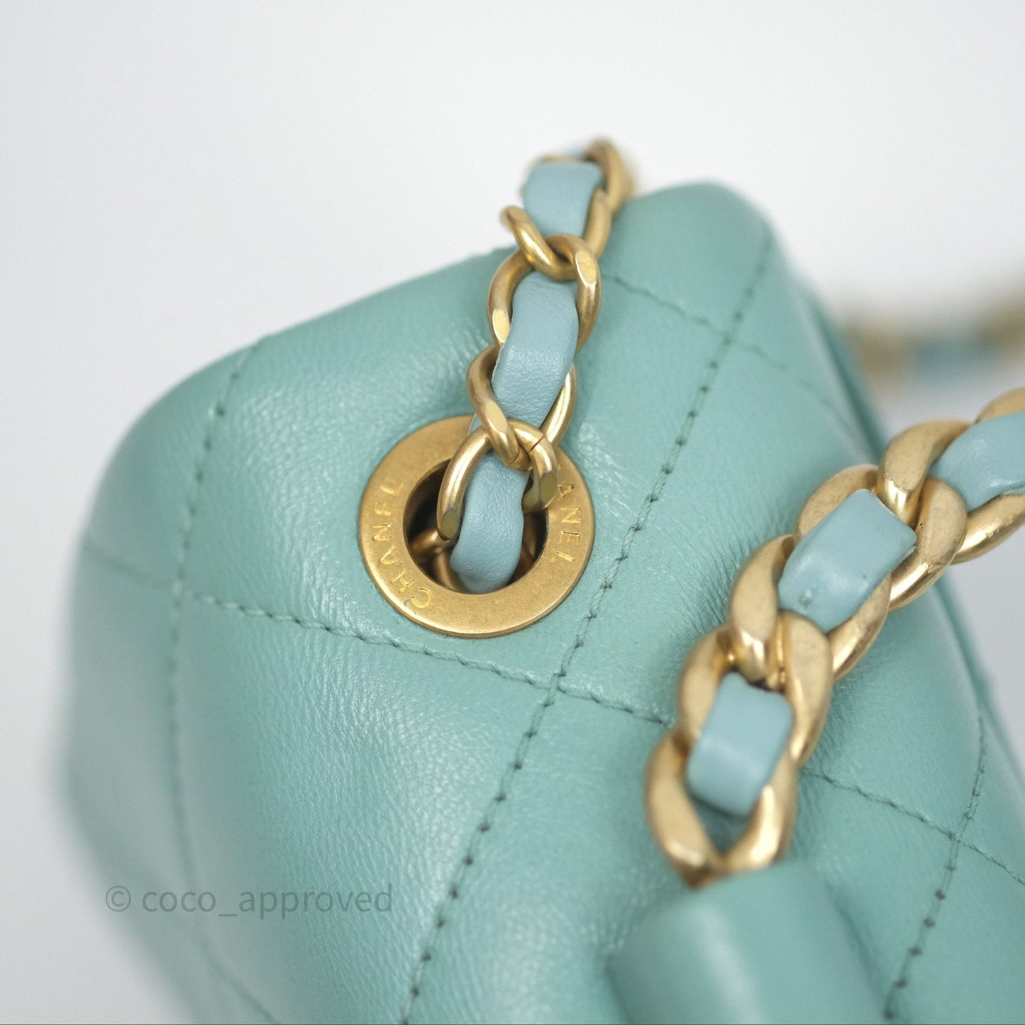 Chanel Quilted Small Circular Handle Bag Mint Green Aged Gold Hardware