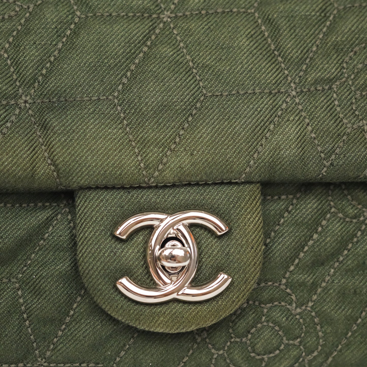 Chanel Camellia Flap Bag Army Green Denim Silver Hardware